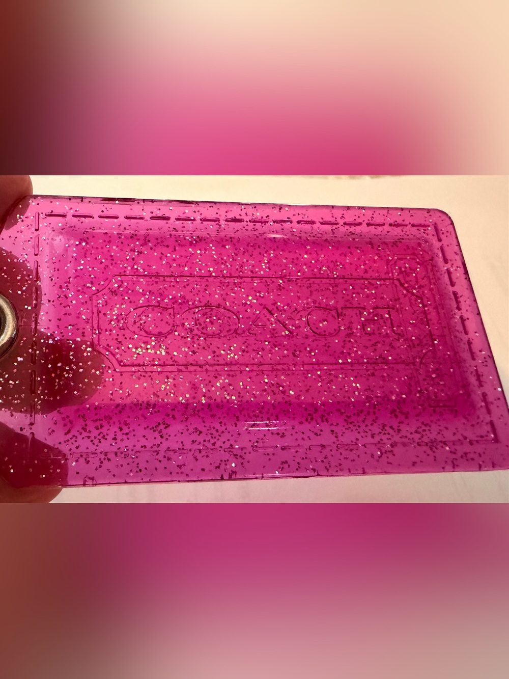 Coach Hot Pink Glitter Leather Tag Keychain - Picture 5 of 5